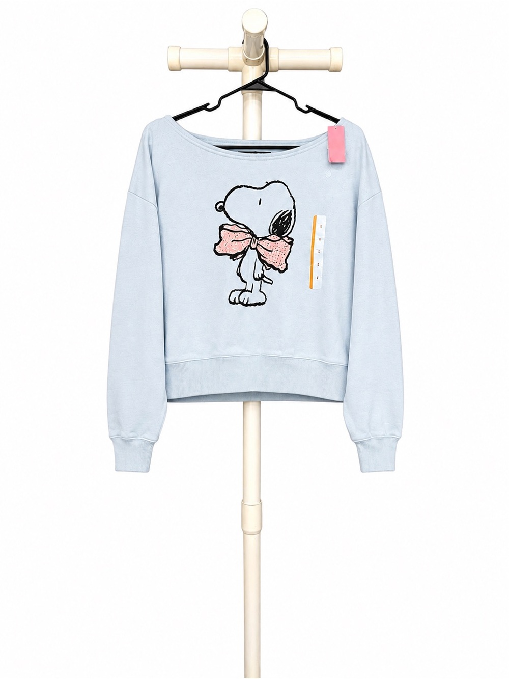Peanuts Light Blue Crewneck Sweater with Snoopy and Pink Bow